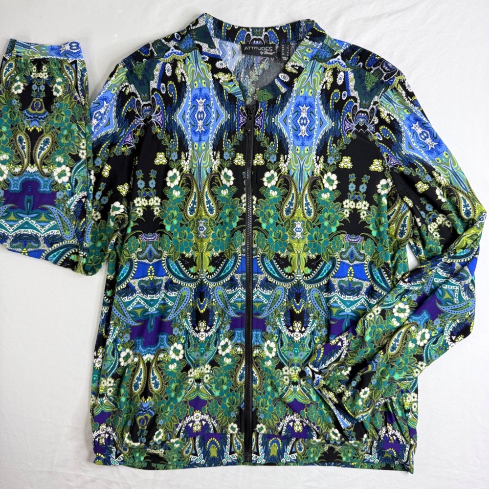 Attitudes by Renee Womens Large Blue Green Paisley Floral Zip Up Bomber Jacket